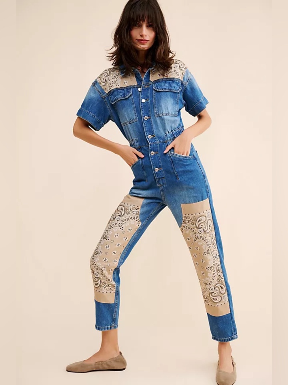 Re_Nuuly x Tricia Fix Bandana Denim Jumpsuit X Small MSRP $250
